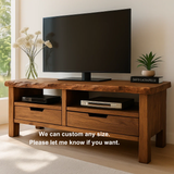 Handcrafted Solid Wood TV Stand with Live Edge Top – Rustic Organic Media Console with Drawers & Open Shelves