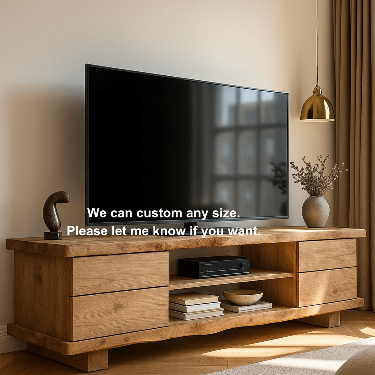 Handcrafted Solid Wood TV Stand with Live Edge Design – Modern Rustic Media Console with Drawers & Open Shelf