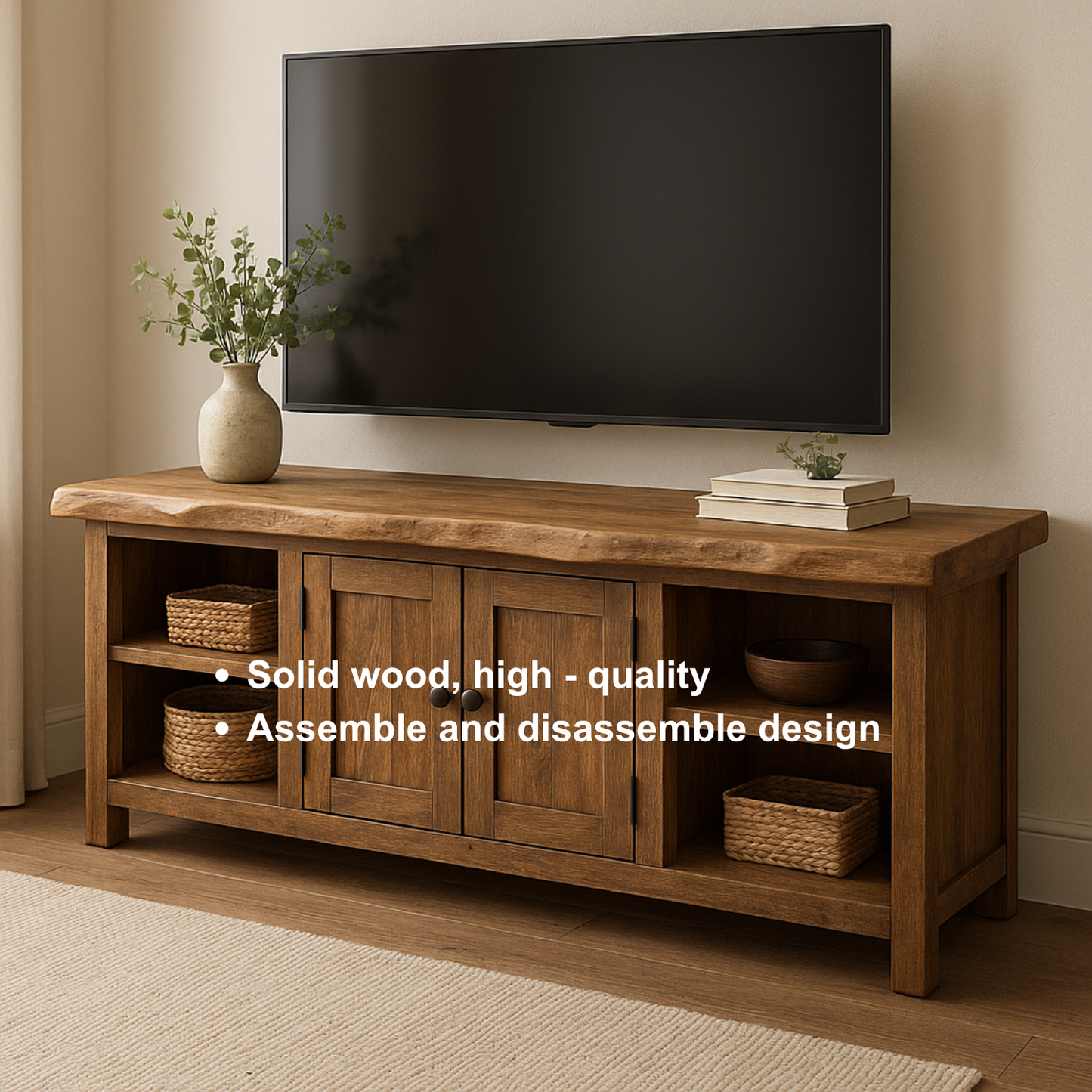 Handcrafted Solid Wood TV Stand with Live Edge Top – Rustic Farmhouse Media Console with Cabinets & Open Shelves