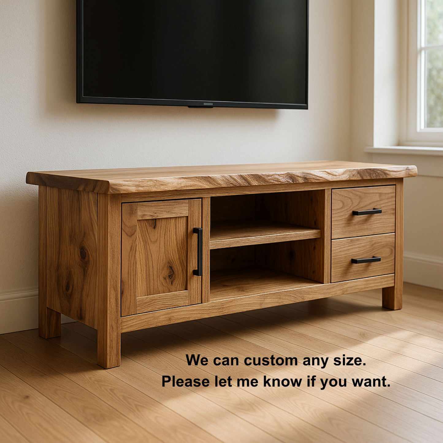 Handcrafted Solid Wood TV Stand with Live Edge Top – Rustic Modern Media Console with Drawers & Cabinet