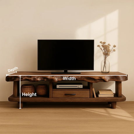 Handcrafted Solid Wood TV Stand with Deep Live Edge – Organic Modern Media Console with Drawer & Open Shelves