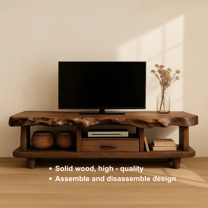 Handcrafted Solid Wood TV Stand with Deep Live Edge – Organic Modern Media Console with Drawer & Open Shelves