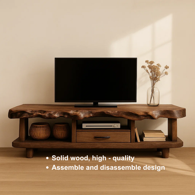 Handcrafted Solid Wood TV Stand with Deep Live Edge – Organic Modern Media Console with Drawer & Open Shelves
