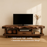 Handcrafted Solid Wood TV Stand with Deep Live Edge – Organic Modern Media Console with Drawer & Open Shelves