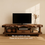 Handcrafted Solid Wood TV Stand with Deep Live Edge – Organic Modern Media Console with Drawer & Open Shelves