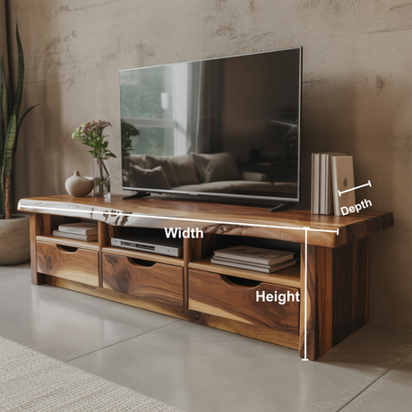 Handcrafted Solid Wood TV Stand with Live Edge Top – Modern Rustic Media Console with Drawers & Open Shelves