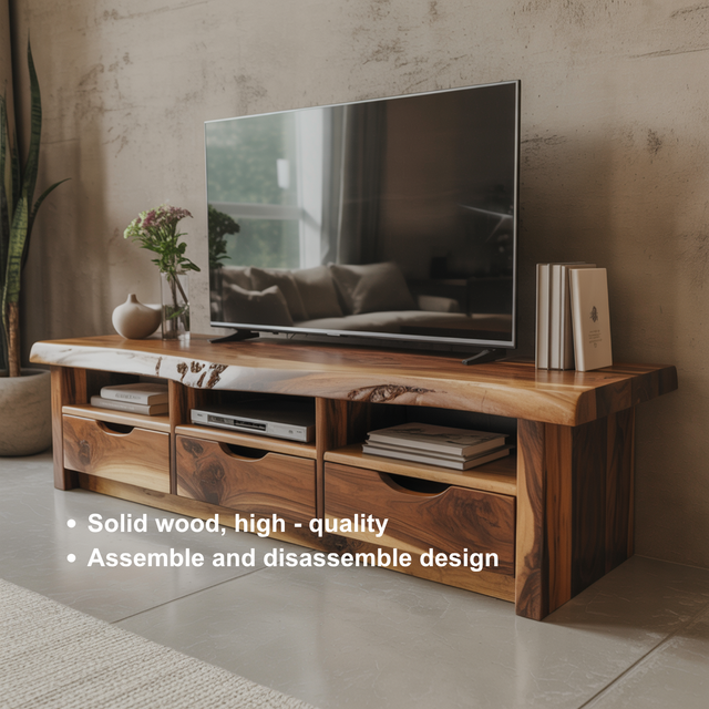 Handcrafted Solid Wood TV Stand with Live Edge Top – Modern Rustic Media Console with Drawers & Open Shelves