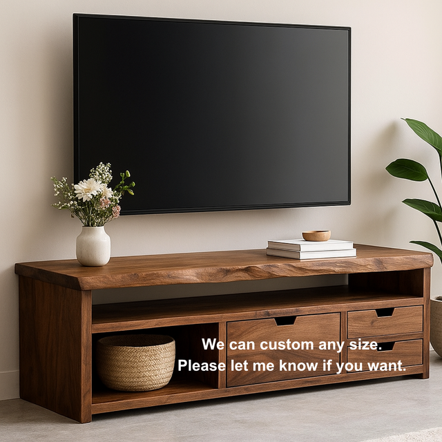 Handcrafted Solid Wood TV Stand with Live Edge Design – Modern Rustic Walnut Media Console with Drawers & Open Shelf