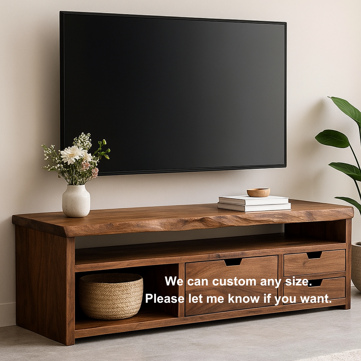 Handcrafted Solid Wood TV Stand with Live Edge Design – Modern Rustic Walnut Media Console with Drawers & Open Shelf