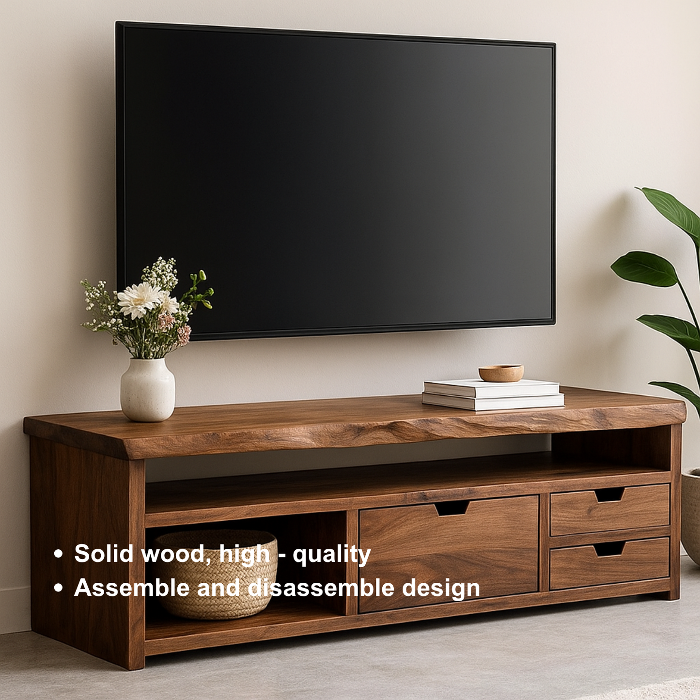 Handcrafted Solid Wood TV Stand with Live Edge Design – Modern Rustic Walnut Media Console with Drawers & Open Shelf
