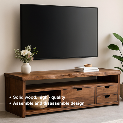 Handcrafted Solid Wood TV Stand with Live Edge Design – Modern Rustic Walnut Media Console with Drawers & Open Shelf