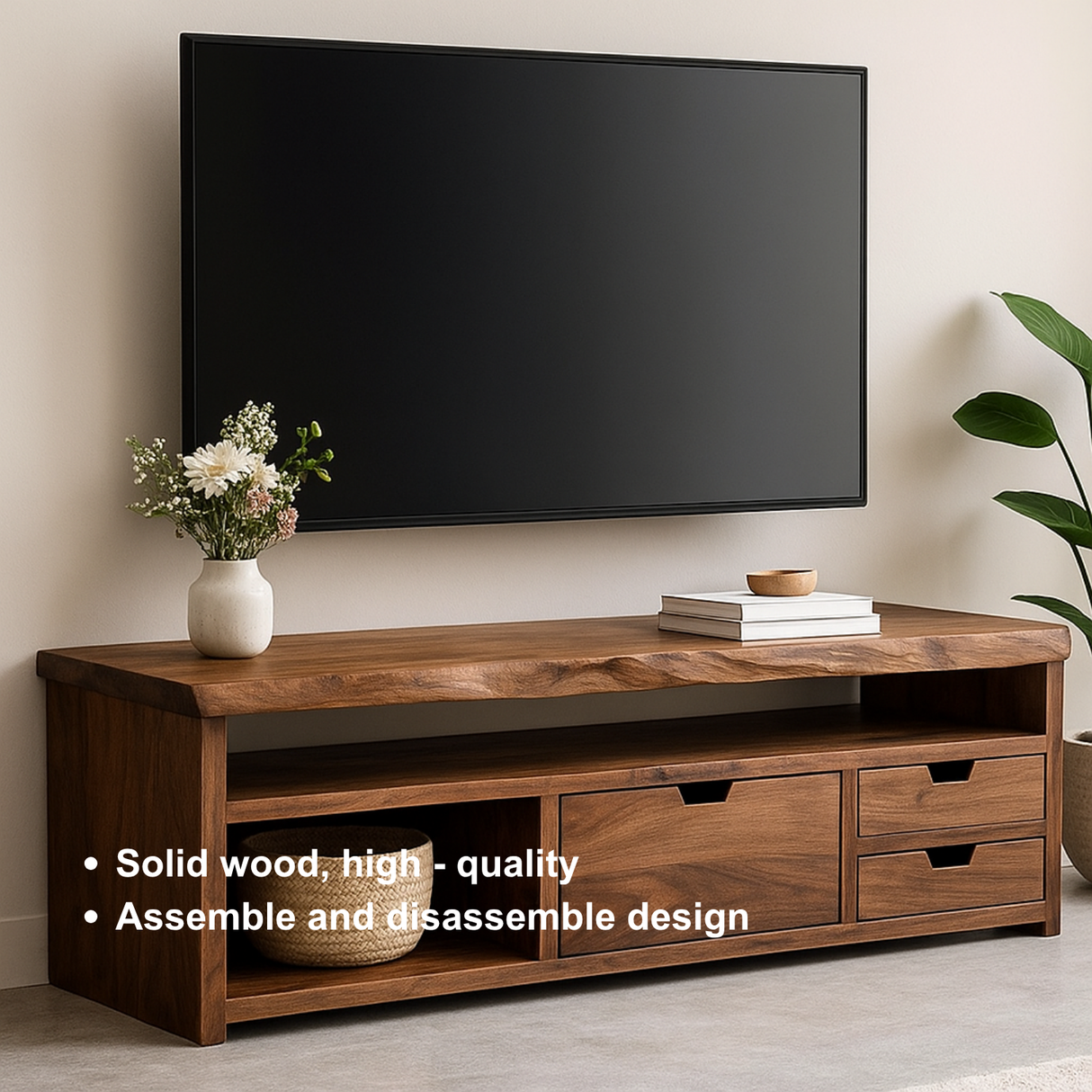 Handcrafted Solid Wood TV Stand with Live Edge Design – Modern Rustic Walnut Media Console with Drawers & Open Shelf