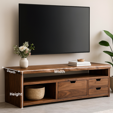 Handcrafted Solid Wood TV Stand with Live Edge Design – Modern Rustic Walnut Media Console with Drawers & Open Shelf