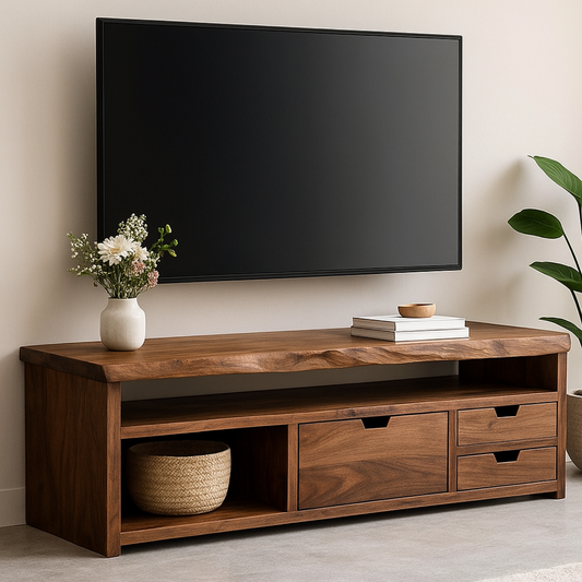 Handcrafted Solid Wood TV Stand with Live Edge Design – Modern Rustic Walnut Media Console with Drawers & Open Shelf