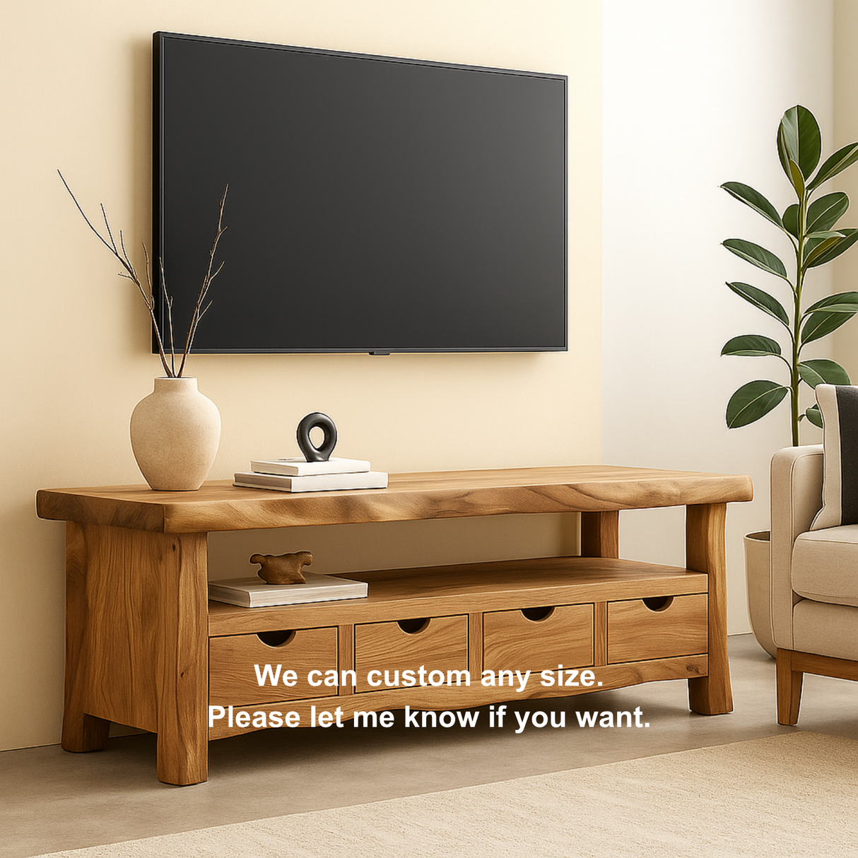 Handcrafted Solid Wood TV Stand with Live Edge Top – Organic Modern Media Console with Drawers & Open Shelf