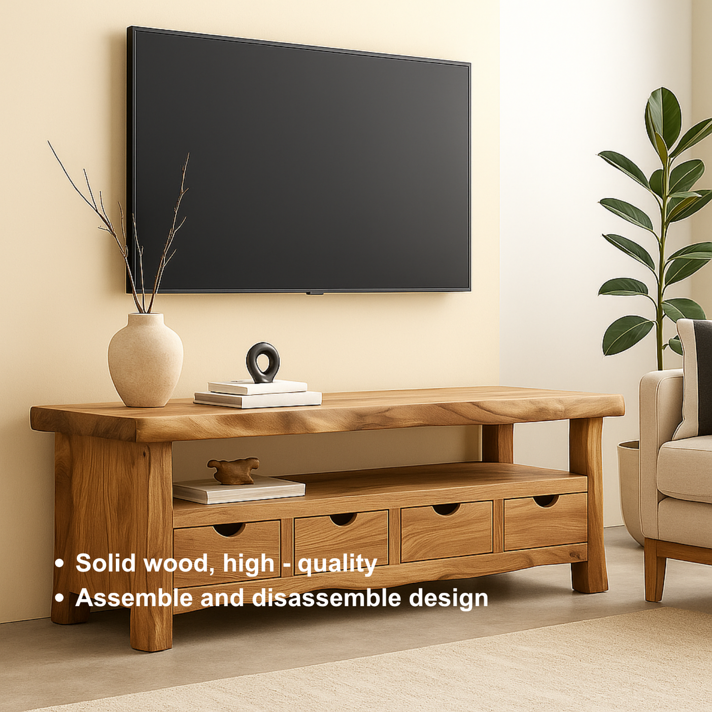 Handcrafted Solid Wood TV Stand with Live Edge Top – Organic Modern Media Console with Drawers & Open Shelf