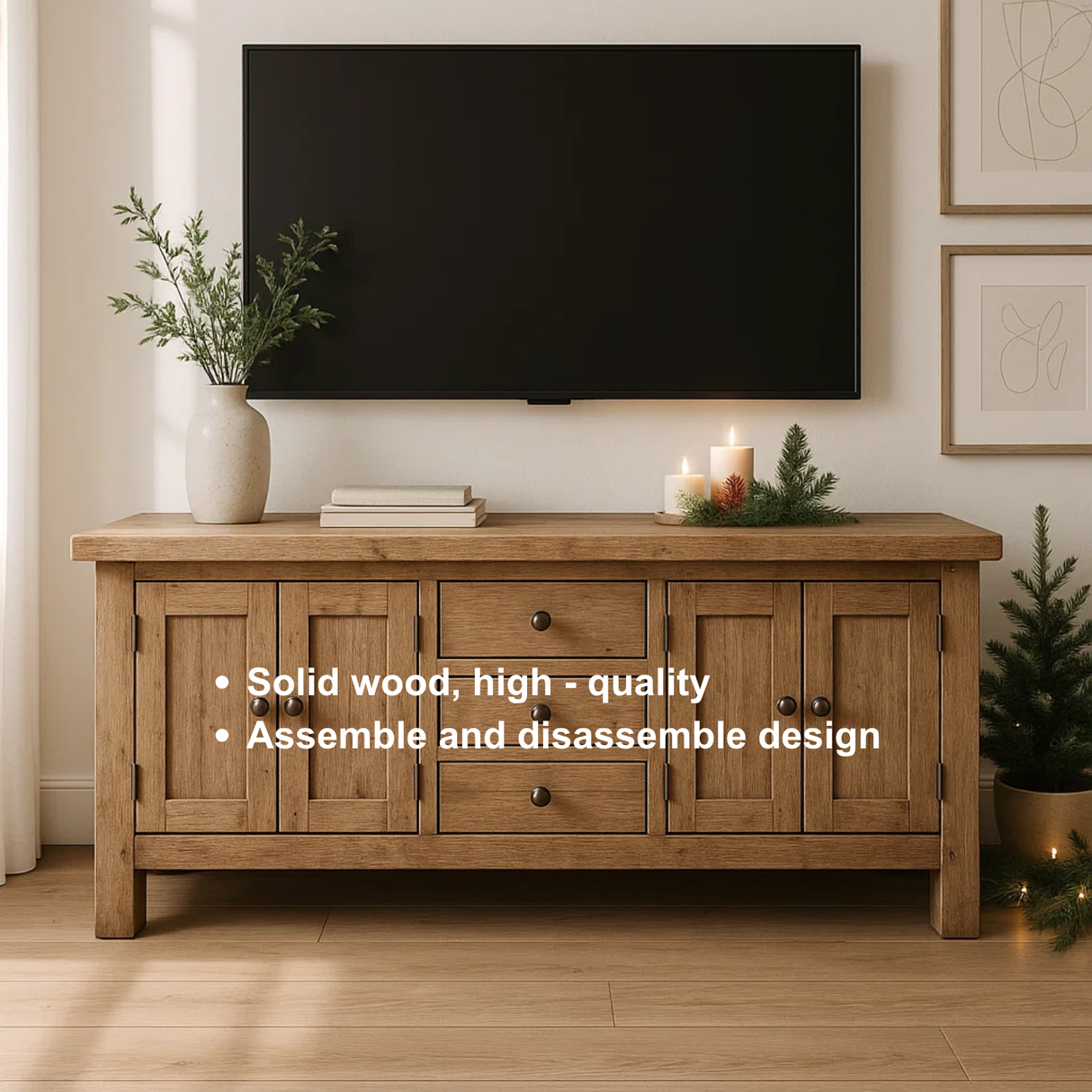 Handcrafted Solid Wood TV Stand – Rustic Farmhouse Media Console with Cabinets & Drawers for Living Room