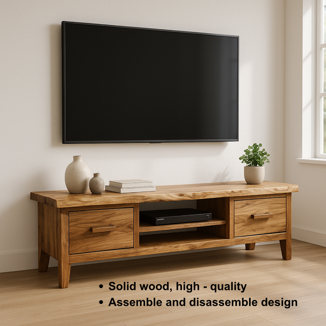 Handcrafted Solid Wood TV Stand with Live Edge Top – Modern Rustic Media Console with Drawers & Open Shelf