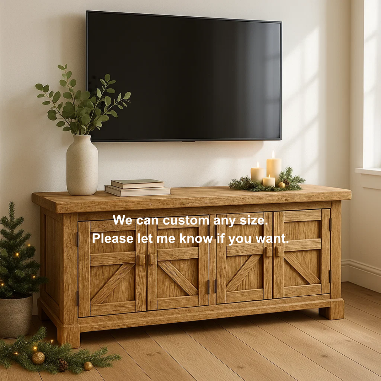 Handcrafted Solid Wood TV Stand – Rustic Farmhouse Barn Door Media Console with Four Cabinets for Living Room