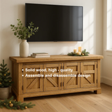 Handcrafted Solid Wood TV Stand – Rustic Farmhouse Barn Door Media Console with Four Cabinets for Living Room