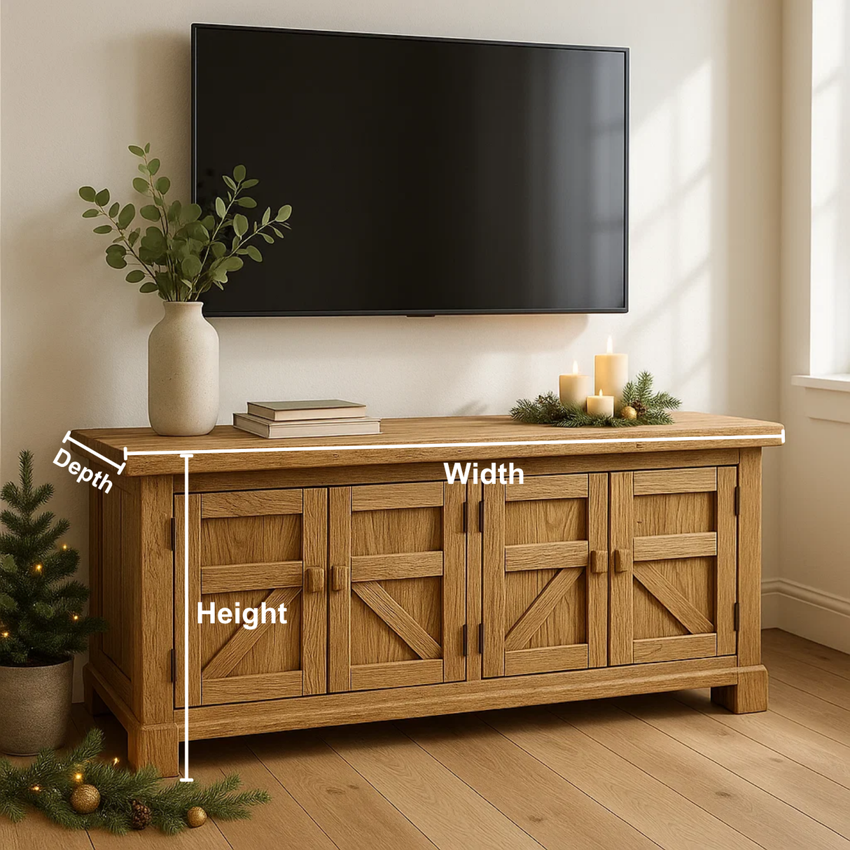 Handcrafted Solid Wood TV Stand – Rustic Farmhouse Barn Door Media Console with Four Cabinets for Living Room