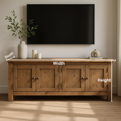 Handcrafted Solid Wood TV Stand – Rustic Farmhouse Media Console with Four Cabinet Doors for Living Room Storage