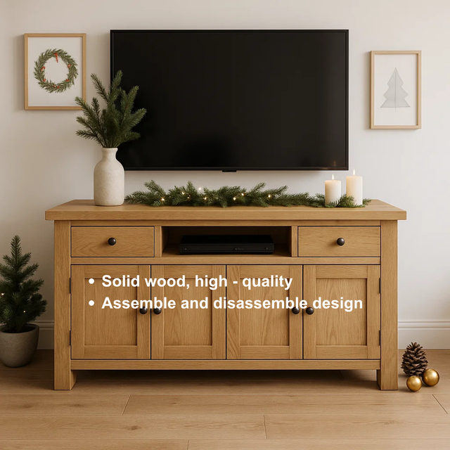 Handcrafted Solid Wood TV Stand – Rustic Farmhouse Media Console with Drawers and Cabinets for Cozy Living Room