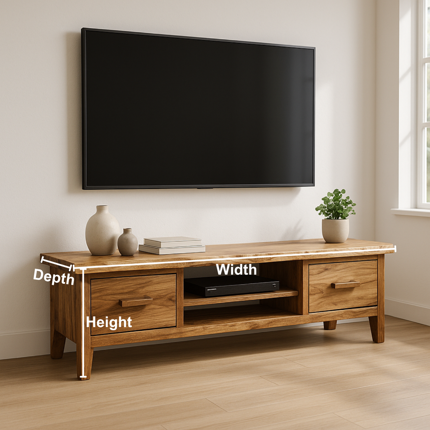 Handcrafted Solid Wood TV Stand with Live Edge Top – Modern Rustic Media Console with Drawers & Open Shelf