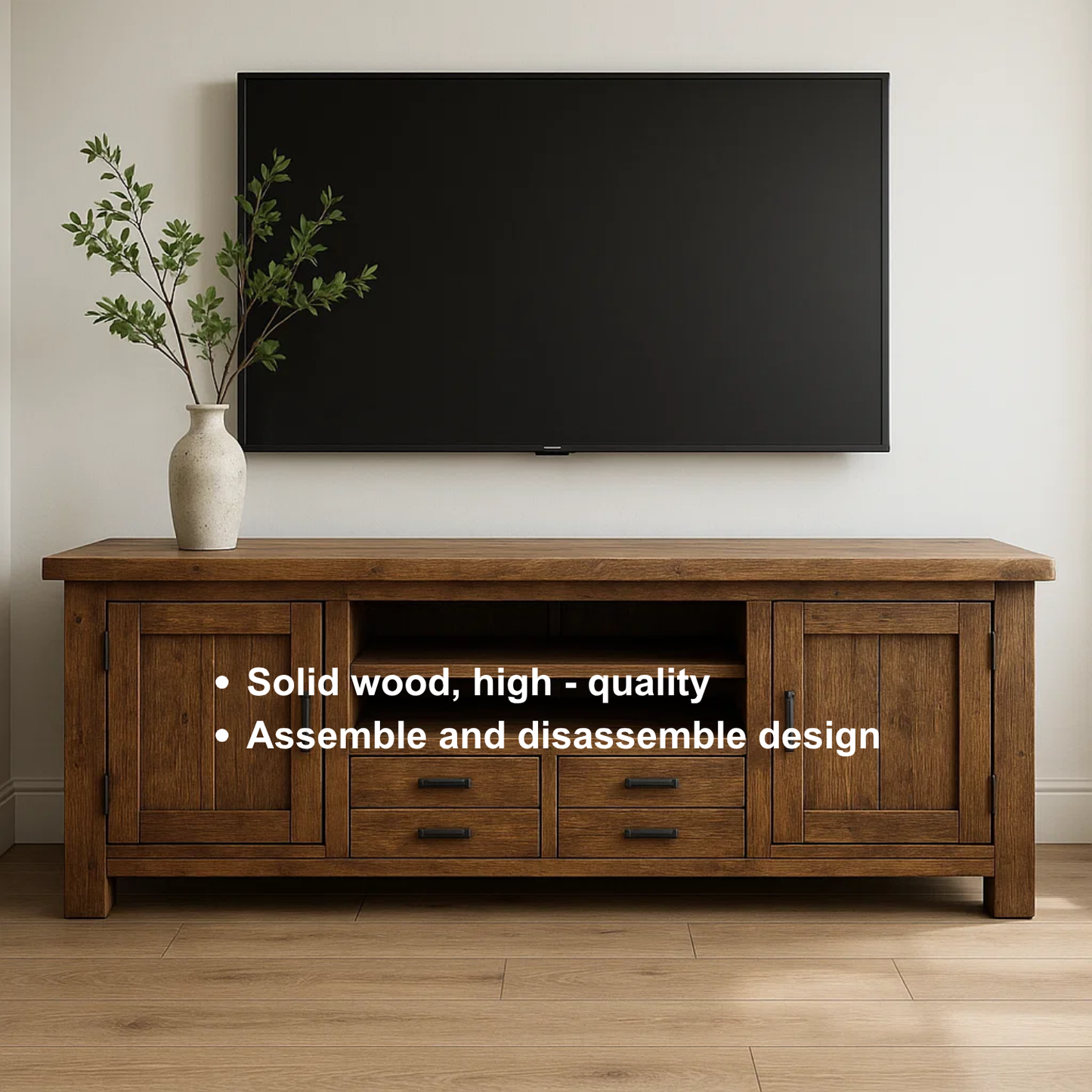 Handcrafted Solid Wood TV Stand – Rustic Farmhouse Media Console with Drawers, Cabinets & Open Shelves
