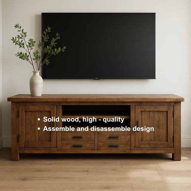Handcrafted Solid Wood TV Stand – Rustic Farmhouse Media Console with Drawers, Cabinets & Open Shelves