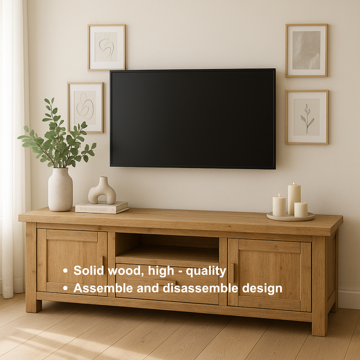 Handcrafted Solid Wood TV Stand – Modern Farmhouse Media Console with Drawer, Cabinets & Open Shelf