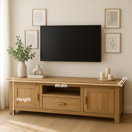 Handcrafted Solid Wood TV Stand – Modern Farmhouse Media Console with Drawer, Cabinets & Open Shelf