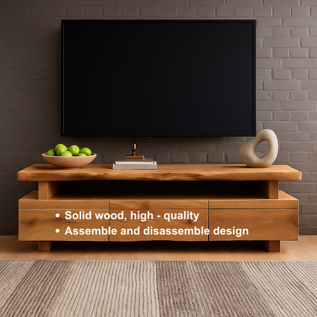 Handcrafted Solid Wood TV Stand – Modern Minimalist Media Console with Three Drawers and Natural Live Edge Design