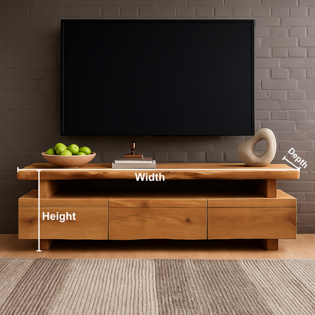 Handcrafted Solid Wood TV Stand – Modern Minimalist Media Console with Three Drawers and Natural Live Edge Design