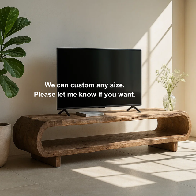 Handcrafted Solid Wood TV Stand – Organic Sculptural Media Console with Natural Rustic Finish and Open Shelves