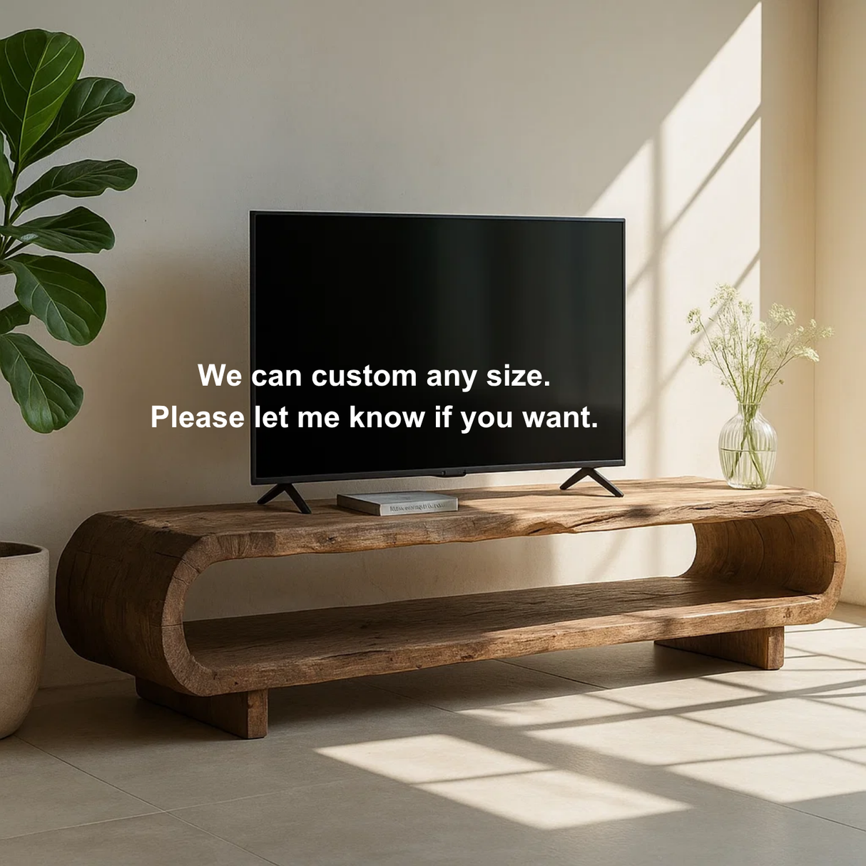 Handcrafted Solid Wood TV Stand – Organic Sculptural Media Console with Natural Rustic Finish and Open Shelves