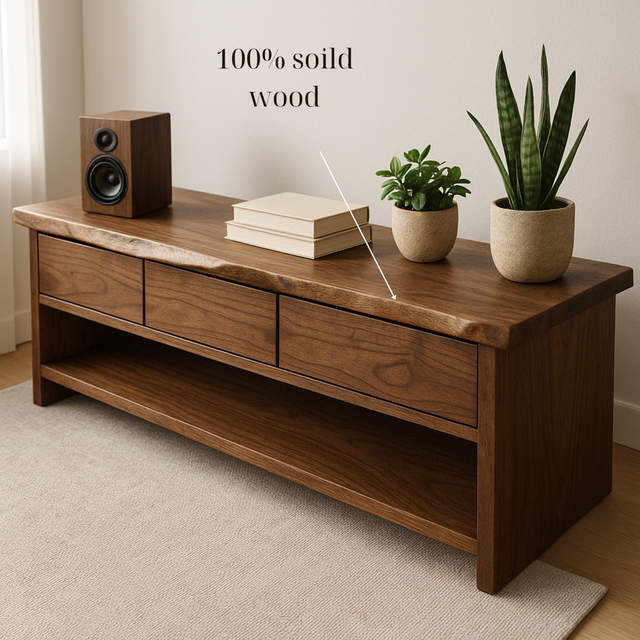 Handcrafted Solid Wood TV Stand – Minimalist Walnut Media Console with Drawers and Open Shelf