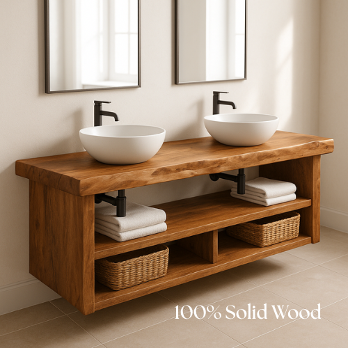 Floating Double Sink Bathroom Vanity – Solid Wood Live Edge Countertop with Open Shelves – Rustic Modern Wall-Mounted Vanity Design