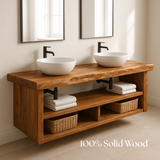 Floating Double Sink Bathroom Vanity – Solid Wood Live Edge Countertop with Open Shelves – Rustic Modern Wall-Mounted Vanity Design