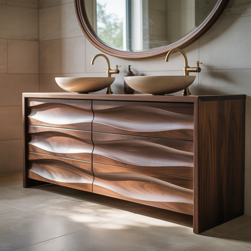 Handcrafted Solid Walnut Bathroom Vanity – Sculptural Wave Front Double Sink Cabinet with Brass Fixtures