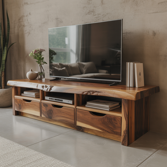 Handcrafted Solid Wood TV Stand with Live Edge Top – Modern Rustic Media Console with Drawers & Open Shelves