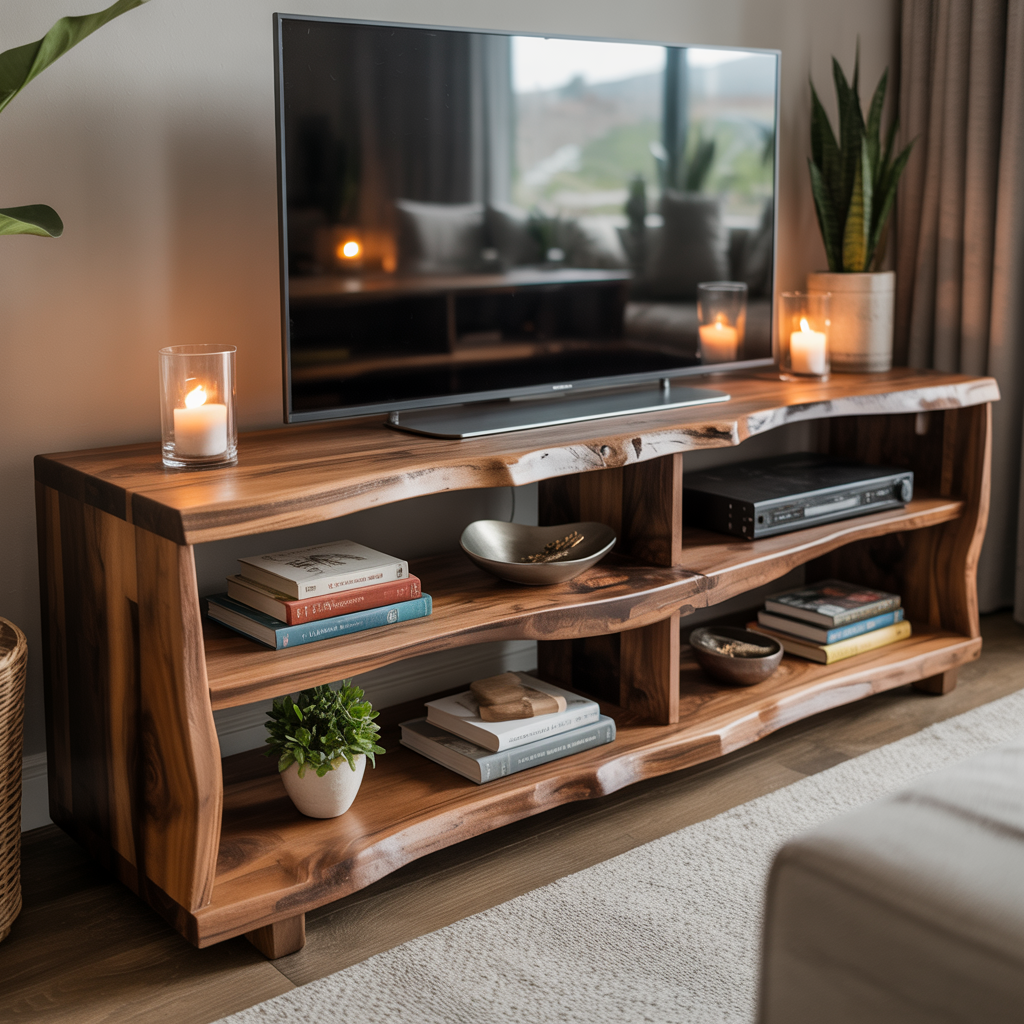 Rustic Live Edge Solid Wood TV Stand – Handcrafted Organic Media Console with 4 Open Shelves for Modern Living Spaces