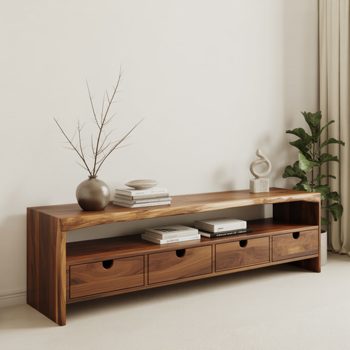 Handcrafted Solid Wood TV Stand with Live Edge Top – Minimal Organic Wood Media Console with Drawers & Open Shelf