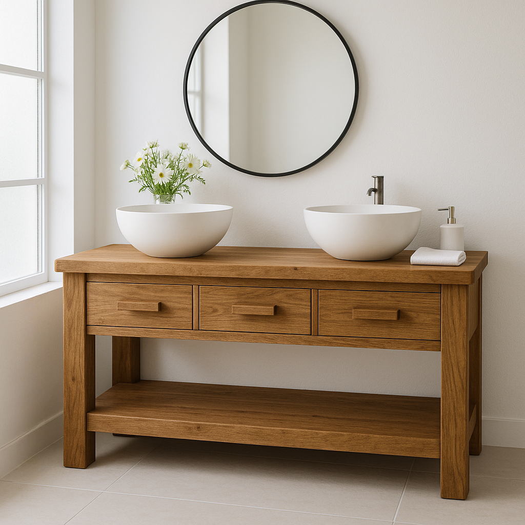 Handcrafted Solid Wood Double Bathroom Vanity – Minimal Rustic Base with 3 Drawers and Open Shelf