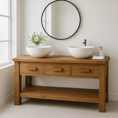 Handcrafted Solid Wood Double Bathroom Vanity – Minimal Rustic Base with 3 Drawers and Open Shelf