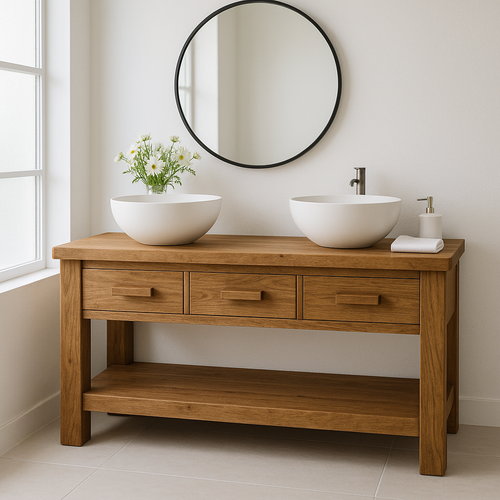 Handcrafted Solid Wood Double Bathroom Vanity – Minimal Rustic Base with 3 Drawers and Open Shelf