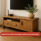 Handcrafted Solid Wood TV Stand – Rustic Hickory Media Console with Drawers and Cabinet Door