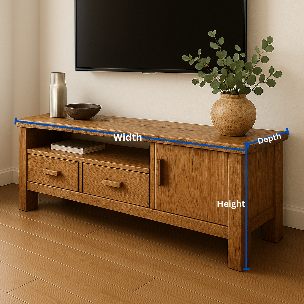 Handcrafted Solid Wood TV Stand – Rustic Hickory Media Console with Drawers and Cabinet Door