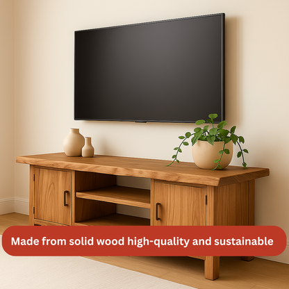Handcrafted Solid Wood TV Stand – Natural Maple Media Console with Live Edge Top and Cabinets