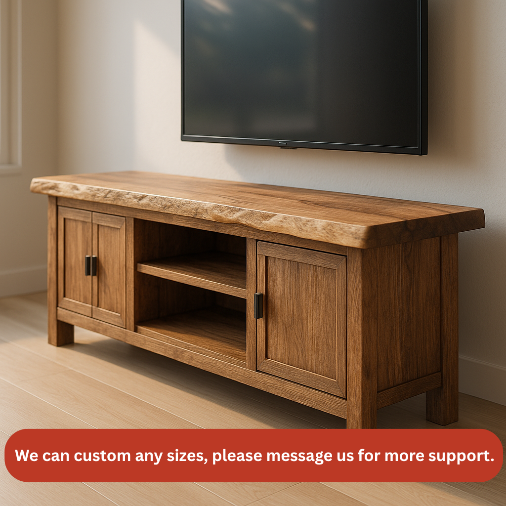Handcrafted Solid Wood TV Stand – Rustic Hickory Media Console with Live Edge Top and Cabinets